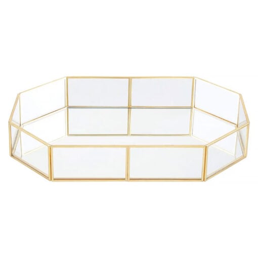 Octagonal Mirrored Glass And Gold Metal Jewellery Tray Home Decor Accessory