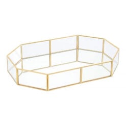 Octagonal Mirrored Glass And Gold Metal Jewellery Tray Home Decor Accessory