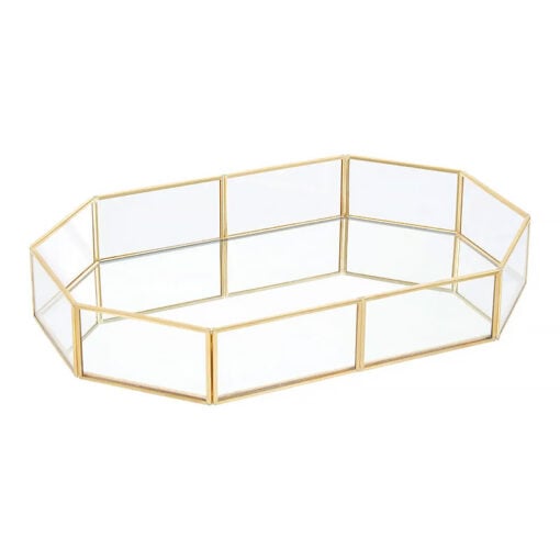 Octagonal Mirrored Glass And Gold Metal Jewellery Tray Home Decor Accessory