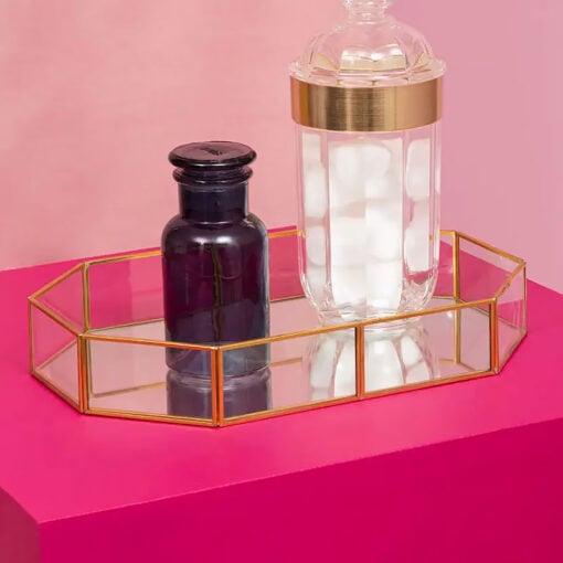 Octagonal Mirrored Glass And Gold Metal Jewellery Tray Home Decor Accessory