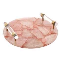 Pink Quartz And Gold Metal Tray With Acrylic Handles Home Decor Accessory