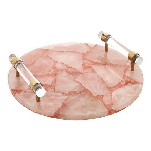 Pink Quartz And Gold Metal Tray With Acrylic Handles Home Decor Accessory