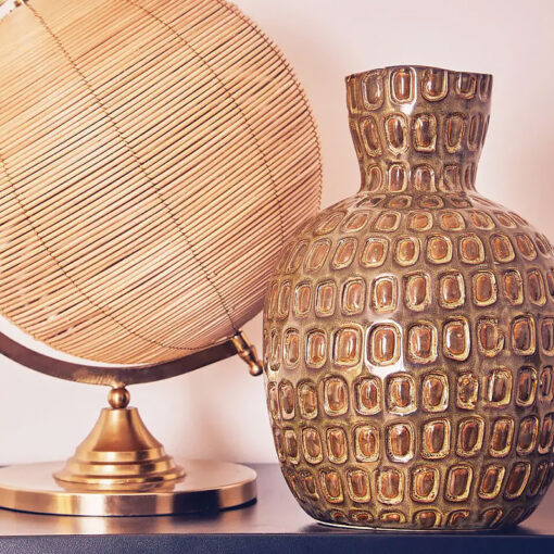 Rattan And Gold Metal Large 36cm Globe Home Decor Accessory