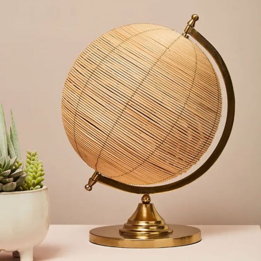 Rattan And Gold Metal Large 36cm Globe Home Decor Accessory