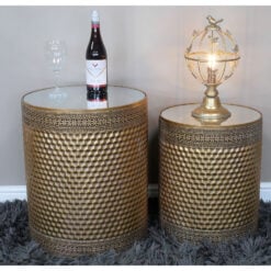 Set Of 2 Boho Mirrored Glass And Gold Metal Barrel Side End Tables