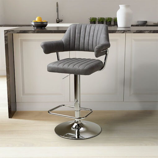 Set Of 2 Kala Charcoal Grey Faux Leather Tub Bar Stools With Silver Chrome Legs