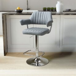 Set Of 2 Kala Light Grey Faux Leather Tub Bar Stools With Silver Chrome Legs