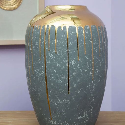 Speckled Grey And Gold Drip Large Ceramic Vase 45cm Home Decor Accessory