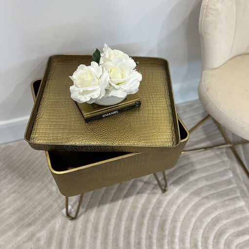 Textured Gold Metal Tray Side Table End Table With Storage