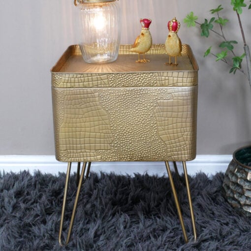 Textured Gold Metal Tray Side Table End Table With Storage