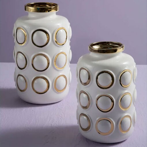 White And Gold Large Ceramic Vase 34cm With Embossed Rings