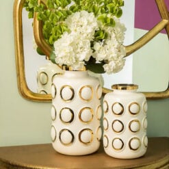 White And Gold Large Ceramic Vase 34cm With Embossed Rings