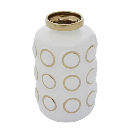 White And Gold Large Ceramic Vase 34cm With Embossed Rings