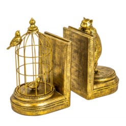 Antique Gold Resin And Metal Curious Cat Birdcage Bookends 25cm