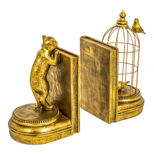 Antique Gold Resin And Metal Curious Cat Birdcage Bookends 25cm