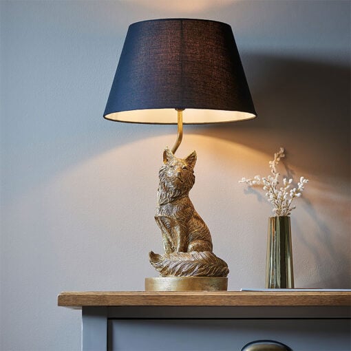 Antique Gold Resin Fox Quirky Animal Table Lamp With Black Shade 53cm