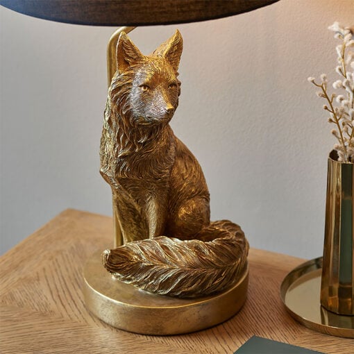 Antique Gold Resin Fox Quirky Animal Table Lamp With Black Shade 53cm