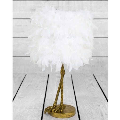 Antique Gold Resin Large Bird Leg Animal Table 79cm With White Feathers Shade