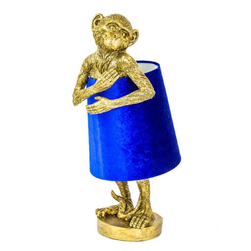 Antique Gold Resin Monkey Ape Animal Table Lamp 55cm With Blue Shade