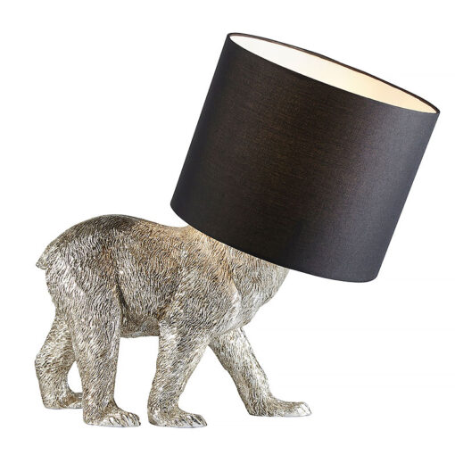 Antique Silver Resin Bear Quirky Animal Table Lamp With Black Shade 44cm