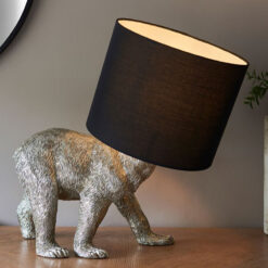 Antique Silver Resin Bear Quirky Animal Table Lamp With Black Shade 44cm