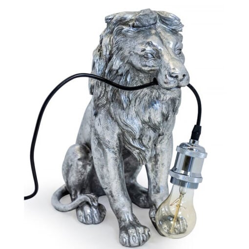 Antique Silver Sitting Lion Quirky Animal Table Lamp 35cm