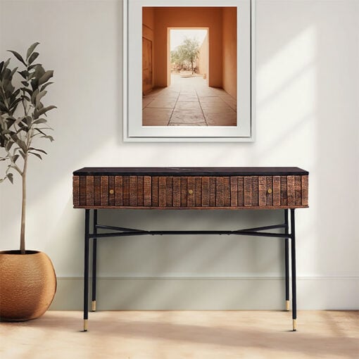 Art Deco Boho Black Marble And Mango Wood 3 Drawer Console Table With Black And Gold Legs