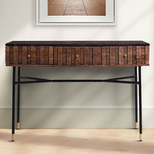 Art Deco Boho Black Marble And Mango Wood 3 Drawer Console Table With Black And Gold Legs