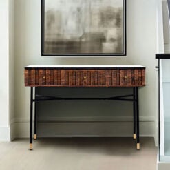 Art Deco Boho White Marble And Mango Wood 3 Drawer Console Table With Black And Gold Legs