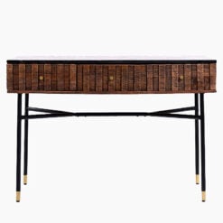 Art Deco Boho White Marble And Mango Wood 3 Drawer Console Table With Black And Gold Legs