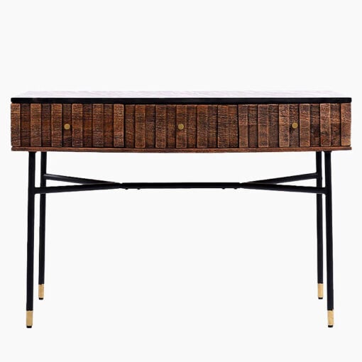 Art Deco Boho White Marble And Mango Wood 3 Drawer Console Table With Black And Gold Legs