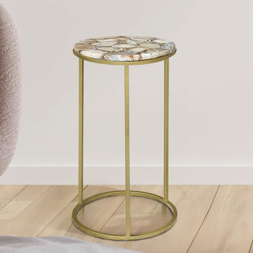 Art Deco Round Agate Stone And Gold Metal End Side Table 55cm