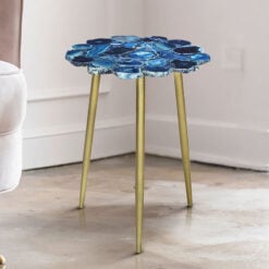 Art Deco Round Blue Agate Stone And Gold Metal Side Table End Table 52cm