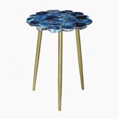 Art Deco Round Blue Agate Stone And Gold Metal Side Table End Table 52cm