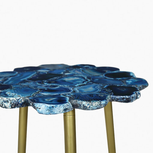 Art Deco Round Blue Agate Stone And Gold Metal Side Table End Table 52cm