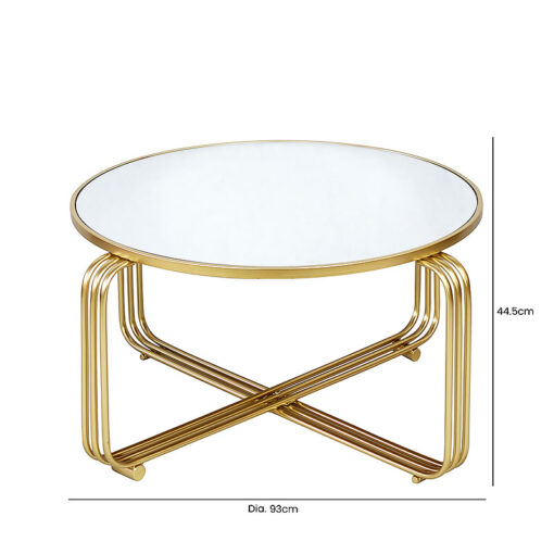 Art Deco Round Gold Metal And Mirrored Glass Coffee Table 93cm