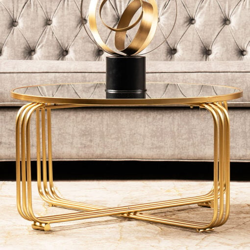 Art Deco Round Gold Metal And Mirrored Glass Coffee Table 93cm