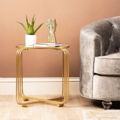 Art Deco Round Gold Metal And Mirrored Glass Side Table End Table