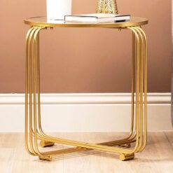 Art Deco Round Gold Metal And Mirrored Glass Side Table End Table