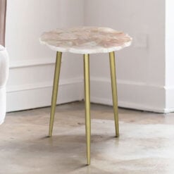 Art Deco Round Rose Pink Quartz Stone And Gold Metal End Side Table