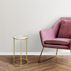 Art Deco Round Rose Pink Quartz Stone And Gold Metal Side Table