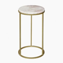 Art Deco Round Rose Pink Quartz Stone And Gold Metal Side Table