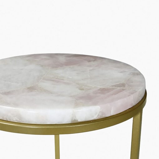 Art Deco Round Rose Pink Quartz Stone And Gold Metal Side Table