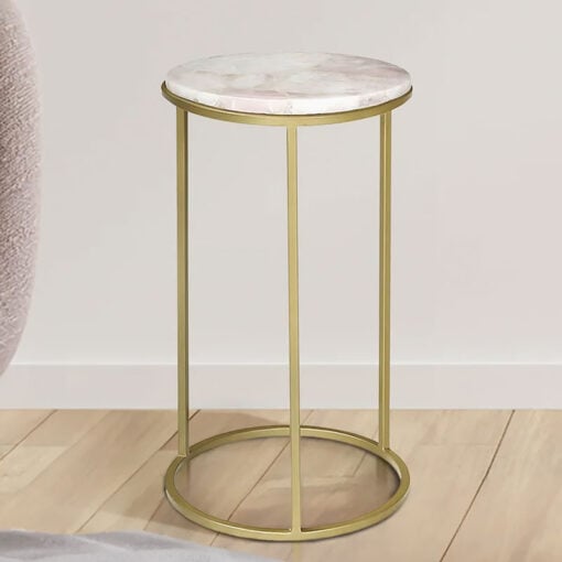 Art Deco Round Rose Pink Quartz Stone And Gold Metal Side Table