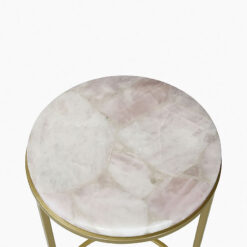 Art Deco Round Rose Pink Quartz Stone And Gold Metal Side Table