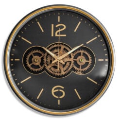 Black And Gold Metal And Glass Exposed Moving Gears Wall Clock 39cm