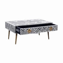 Boho Black And White Bone Inlay 1 Drawer Coffee Table With Gold Metal Legs