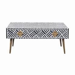 Boho Black And White Bone Inlay 1 Drawer Coffee Table With Gold Metal Legs