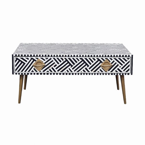 Boho Black And White Bone Inlay 1 Drawer Coffee Table With Gold Metal Legs