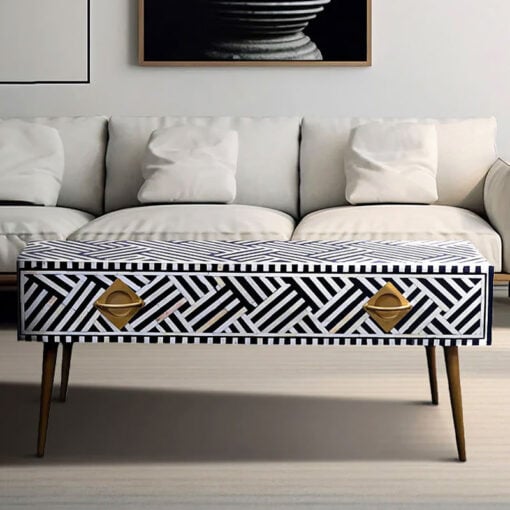 Boho Black And White Bone Inlay 1 Drawer Coffee Table With Gold Metal Legs